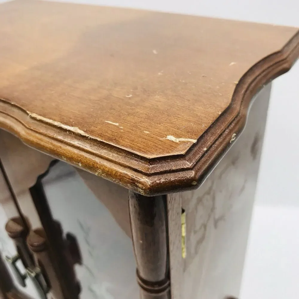 Vintage Powell Wooden Jewelry Box Armoire Etched Glass, Wheel, Taiwan  11.5x9x5